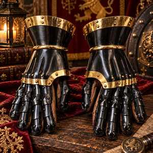 ถุงมือเหล็กแบบข้อต่อเคลื่อนไหวได้ ชุบทอง สำหรับอัศวินยุคกลาง คู่หนึ่ง สไตล์โบราณ งานฝีมือโลหะ - Product Image 3
