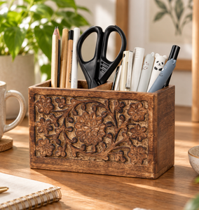 Hand Carved Wooden Pen Holder 2 Slot Mango Wood Pencil Organizer Rustic Office <b>Desk</b> Accessory Wholesale Custom Manufacturer - Product Image 1