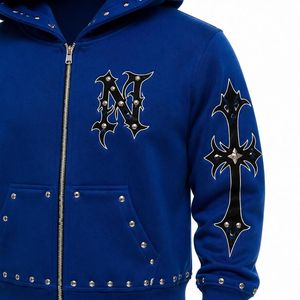 Custom Men <b>Gothic</b> Cross Studded Zipper <b>Hoodie</b> Winter Streetwear Hip Hop Oversized Fleece Jacket Casual Hooded Sweatshirt - Product Image 2