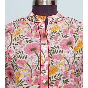 Hauts d'extérieur pour femmes - Design floral vintage coréen 100% coton écologique respirant à manches bouffantes col en V moderne toutes saisons - Product Image 3