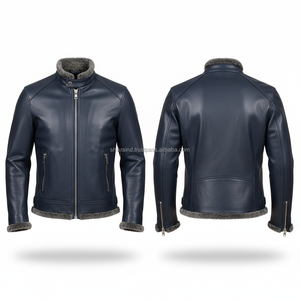 Manteau en cuir véritable à manches longues avec doublure en fausse fourrure, coupe-vent, col rabattable, veste d'hiver décontractée unisexe - Product Image 4