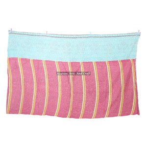 Vintage Kantha <b>Quilt</b>, Sari Coverlet <b>Throw</b> Recycle Fabric Mix Lot Indian Reversible Hand Stitched Heavy <b>Throw</b> Old Sari Blanket - Product Image 1