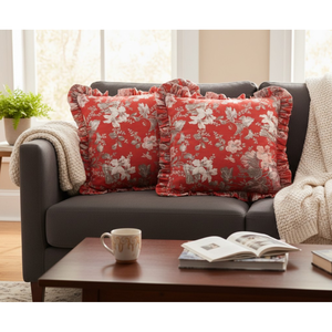 Fundas de Cojín Decorativas Festivas con Estampado Floral en Satén Rojo y Volantes para Decoración de Celebraciones y Temas de Estilo Hogareño de Temporada - Product Image 1
