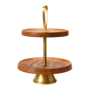 Two-Tiered Wooden <b>Cake</b> <b>Stand</b> Featuring Rich Natural Wood Trays Gold Central Rod Base Convenient Top Loop Handle, Serving & Decor - Product Image 3