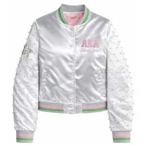 AKA <b>Silver</b> Satin Pearl <b>Jacket</b> Women Shiny Bomber Style Embellished Sleeve Trim Lightweight Fashion Greek Sorority Apparel Coat - Product Image 1