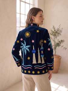 Chaqueta de Mujer de Terciopelo Azul Marino con Bordado Celestial, Estilo Bohemio, de Diseño Artístico y de Moda, Abrigo de Lujo sin Esfuerzo - Product Image 2
