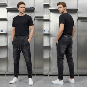 Pantalon Harem Homme Noir Uni, Taille Cordon, Coupe Slim, Joggers Décontractés Respirants, Légers, en Tissu Tricoté Délavé - Product Image 3