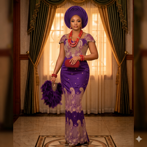 Robe George Lace rouge rubis taille moyenne SRT avec Gele |   Tenue de fête de mariage nigériane de luxe Aso Ebi pour femmes - Product Image 2