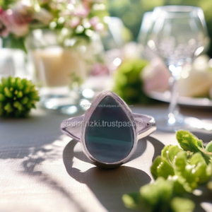 Anillo bohemio de Plata de Ley 925 natural, anillo llamativo de piedras preciosas de malaquita chapada en rodio con banda de plata ajustable - Product Image 1