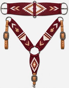 EQUIPO: Conjunto de Cinturón y Pechera para Caballo Tejidos en Color Granate con Patrón Geométrico de Diamantes y Hebillas de Cuero con Conchos - Product Image 1