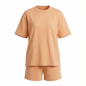 Conjunto de 2 Piezas para Mujer, Camiseta de Manga Corta de Color Sólido Tejida y Pantalones Cortos por Encima de la Rodilla, Cuello Redondo, Corte Holgado, Ropa Casual de Primavera/Verano - Product Image 1