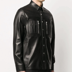 Customizable Design Men's Loose Bottom 100% Leather Shirt with Horn Buttons Eco-Friendly Anti-Bacterial Windproof & Breathable - Product Image 3