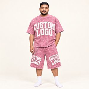 Oversized <b>Men</b> Rhinestone <b>T</b> <b>Shirt</b> <b>and</b> <b>Shorts</b> Set Custom Puff Print Logo Distressed Streetwear Matching Two Piece Wholesale OEM - Product Image 5