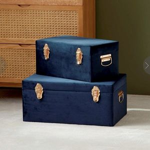 Fabric Storage <b>Boxes</b> Set of 2 Rectangular <b>Stacking</b> Trunks with Copper Hardware for Bedroom Use - Product Image 5