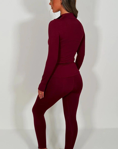 Conjunto de Yoga de 2 Piezas para Mujer, Color Borgoña, Cierre Frontal Completo, Sin Costuras, Spandex, Poliéster, Cintura Alta, Transpirable, Absorbe el Sudor - Product Image 3