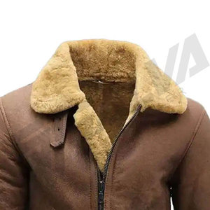 Veste en cuir véritable marron pour homme, col rabattu, fermeture éclair, doublure en sherpa, style hiver, SALVA LEATHER, durable, OEM - Product Image 4