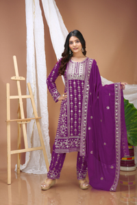 Womens <b>Sequins</b> Embroidery Georgette <b>Top</b> Pant Set Indian Ethnic Wear Ladies <b>Party</b> Wear Straight Kurta Trouser Suit S M L XL XXL - Product Image 1