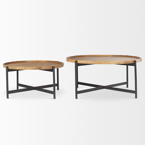 Table basse de salon en bois de manguier massif, ronde, pliable, fabriquée à la main en fer et en bois, avec finition naturelle et noire - Product Image 2