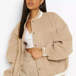 Unisex Beige Leather Varsity Jacket White Trim Stand Collar <b>Button</b> Closure Casual Winter Outerwear Loose Fit Regular Sleeve - Product Image 3