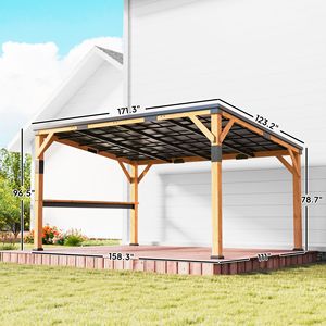 Pérgola de Madera Natural de 10 x 14 con Techo Inclinado de Acero Galvanizado, Estante de Barra y Elegante Toldo de Madera - Product Image 3