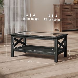 Tavolino da salotto nero con struttura in legno e piano in vetro temperato sotto il ripiano di stoccaggio - Product Image 3