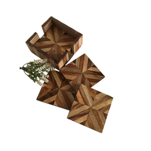 Handmade Geometric Wooden <b>Coaster</b> Set Of 4 With Holder Eco-Friendly Sustainable Wood Inlay <b>Drink</b> Mats Coffee Table Decoration - Product Image 1
