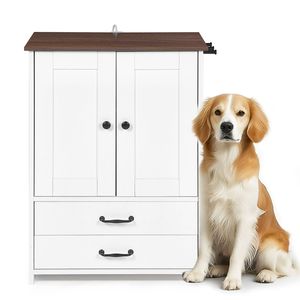 Stazione di Alimentazione per Cani Bianca a Doppia Porta con 2 Ciotole Regolabili e 3 Ganci sul Lato Destro, Stile Armadietto - Product Image 5