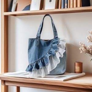 Sac à bandoulière en jean à volants pour femme, sac fourre-tout tendance avec deux anses, grande fermeture éclair, idéal pour le quotidien, le shopping, les voyages, écologique - Product Image 1