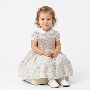 Robe d'été en satin respirant à col Peter Pan, motif floral géométrique orange, faite à la main, superposée et smockée, pour enfants, vente en gros, ODM - Product Image 2