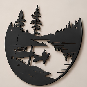 Décoration Murale en Fer Paysage Montagne Lac, Sculpture Métallique Contemporaine pour Intérieur et Extérieur, Art Mural Circulaire en Métal, Paysage Lacustre Arbre Naturel - Product Image 2