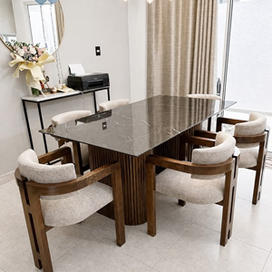 Luxury Stone Top Dining <b>Table</b> Set Modern Teak Wood Upholstered Chair Contemporary Dining Furniture for Villa Restaurant Hotel - Product Image 1