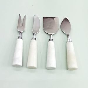 Stainless Steel Silver Blade White Marble Round <b>Plain</b> Handle Cheese Cutting and Spreading Tools Set <b>Mirror</b> Polished - Product Image 6