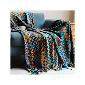 Manta Tejida con Diseño Chevron Azul y Naranja para Sofá o Silla, Decoración Geométrica Suave para el Hogar, Borde con Flecos, Tamaño y Color Personalizables, OEM ODM, Acogedora - Product Image 1