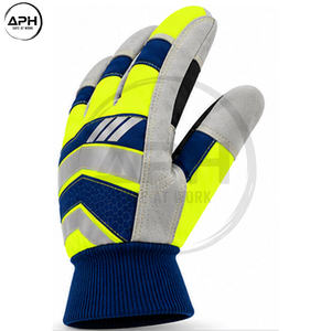 Custom Design Fluorescent Yellow Navy Blue Palm Grip Full Finger <b>Knit</b> Cuff Industrial Hand Wear High Visibility Work <b>Gloves</b> - Product Image 2