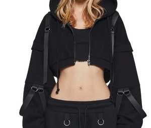 <b>Women</b>’s Cropped <b>Zip</b>-<b>Up</b> Hoodie with Adjustable Strap Details Fashion Streetwear Pullover <b>Jacket</b> Custom OEM/ODM - Product Image 4