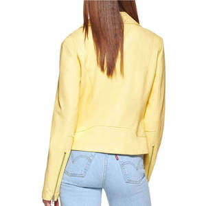 เสื้อแจ็คเก็ตหนัง PU สีเหลืองสำหรับผู้หญิง แขนยาว ปิดด้วยซิป คอตั้ง สีพื้น ใส่ได้ในฤดูใบไม้ร่วง - Product Image 2