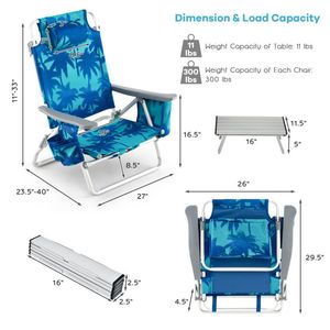 2-Packs Outdoor Folding <b>Backpack</b> <b>Beach</b> Table <b>Chair</b> Set 5-Position Reclining <b>Beach</b> <b>Chair</b> - Product Image 5