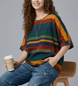 Plus Size Women's <b>Patchwork</b> Anti-Wrinkle O-Neck Pullover Short Sleeve 100% Cotton Casual Summer Knit Tee 380g Digital Printed - Product Image 4