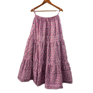 Robe longue et élégante de style bohème avec imprimé blocs naturels, jupe longue en coton ajustable, mini-jupe à plusieurs niveaux pour femmes, style décontracté - Product Image 1