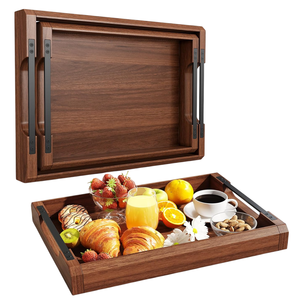 Paquete de 2 bandejas de servicio de madera de acacia rústica con asas para mesa de centro otomana o uso en mostrador perfecto para decoración o exhibición del hogar - Product Image 1