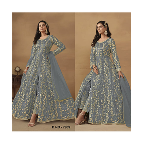 ชุดเดรส Anarkali ผ้าตาข่ายปักลายผีเสื้อแบบเย็บกึ่งสำเร็จรูป พร้อมผ้าคลุมไหล่ปักลาย  ชุดสำหรับงานเฉลิมฉลองสุดหรูสำหรับผู้หญิง - Product Image 1