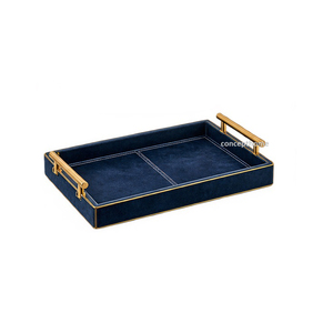 Bandeja Rectangular de Cuero Azul Marino con Asas Doradas, Acabado Metálico Pulido de Color Sólido, Uso Residencial - Product Image 1