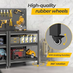 Banco da Lavoro Robusto con Ruote, Capacità 1360 kg, con Pannello Forato e Ripiani Regolabili, Carrello Portautensili, Nuovo Tavolo da Lavoro per Garage - Product Image 4