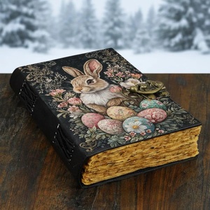 Carnet en cuir vintage 400 pages motif lapin de Pâques, œufs floraux multicolores, reliure cousue, cadeau artistique, par Herb Heritage - Product Image 5
