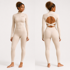 Custom Logo <b>Women</b> Backless Yoga Set 2-Piece Quarter-Zip Long-Sleeve <b>Crop</b> Top Thumb Holes High-Waist Scrunch Gym <b>Leggings</b> Spandex - Product Image 1