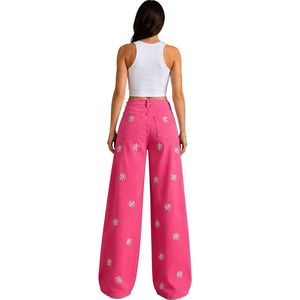Vaqueros anchos de mujer de cintura alta con bordado floral rosa intenso, corte holgado, estilo casual urbano, personalizados. - Product Image 2