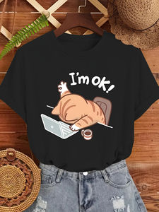 Camiseta Gráfica con Diseño de Gato 'I'm OK' para Mujer, Cuello Redondo, Manga Corta, Color Beige, con un Elegante Diseño de Gato Durmiendo - Product Image 5