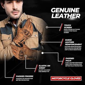 Guantes de Motociclismo de Invierno de Cuero Marrón Vintage, Forrados de Felpa, con Cierre de Cremallera, Compatibles con Pantalla Táctil, Protección Completa para los Dedos - Product Image 3