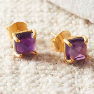 Pendientes de tuerca de amatista con forma cuadrada, gema natural facetada, chapados en oro, proveedores de pendientes de tuerca con gema morada - Product Image 1
