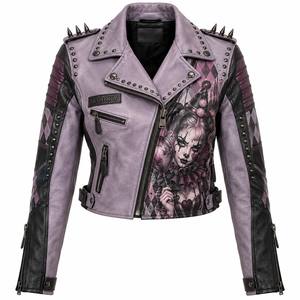 Chaqueta de Cuero Genuino Personalizada para Mujer, Estilo Motero, con Tachuelas y Púas, Color Morado, con Estampado Gráfico, Estilo Gótico Punk, OEM ODM - Product Image 1